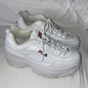 Fila White Platform Wedge Sneakers with Red & Navy Logo